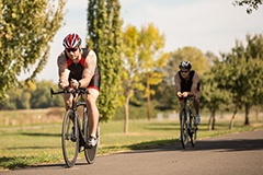 image of a man bicycling through a park on a beautiful sunny day