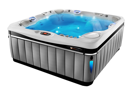 an overhead image of the Utopia series spa with the Acquarella Waterfall feature and SpaGlo Multi-zone LED Lighting an overhead image of the Utopia series spa with the Acquarella Waterfall feature and SpaGlo Multi-zone LED Lighting
